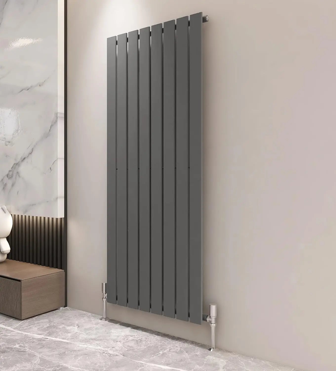 Modern vertical radiator on a wall with a marble and wooden cabinet in the background