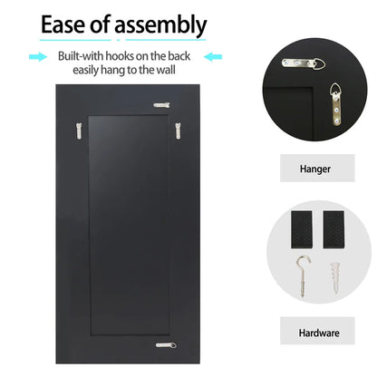 Black wall-mounted cabinet with hooks for assembly on a white background