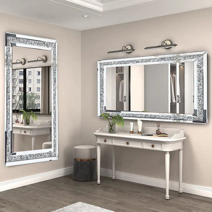 Bathroom with large decorative mirrors and a white console table.