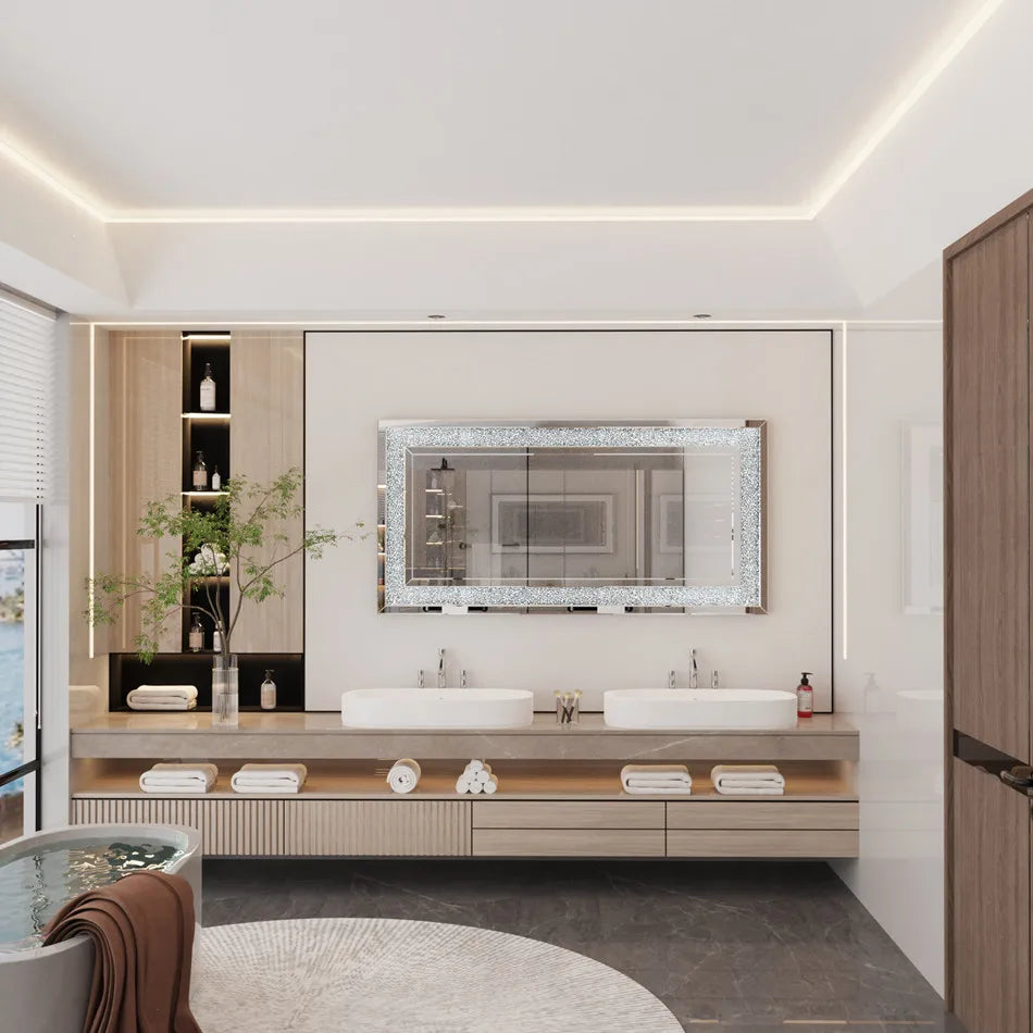 Modern bathroom with a vanity, mirror, and bathtub.