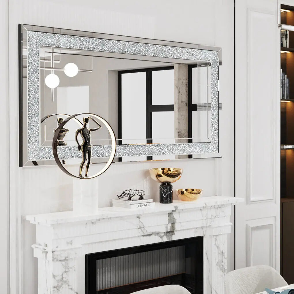 Decorative mirror with sparkling frame above a fireplace in a stylish room.