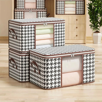 Houndstooth patterned storage boxes on a wooden floor