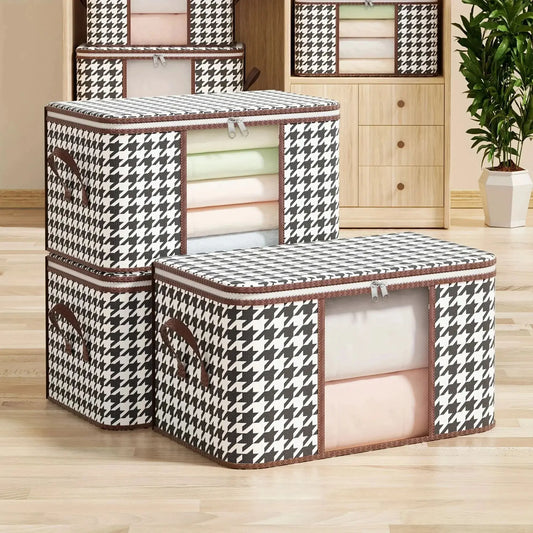 Houndstooth patterned storage boxes on a wooden floor