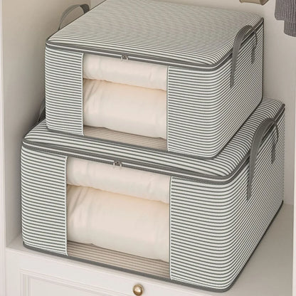 Two striped storage bags with zippers on a light background