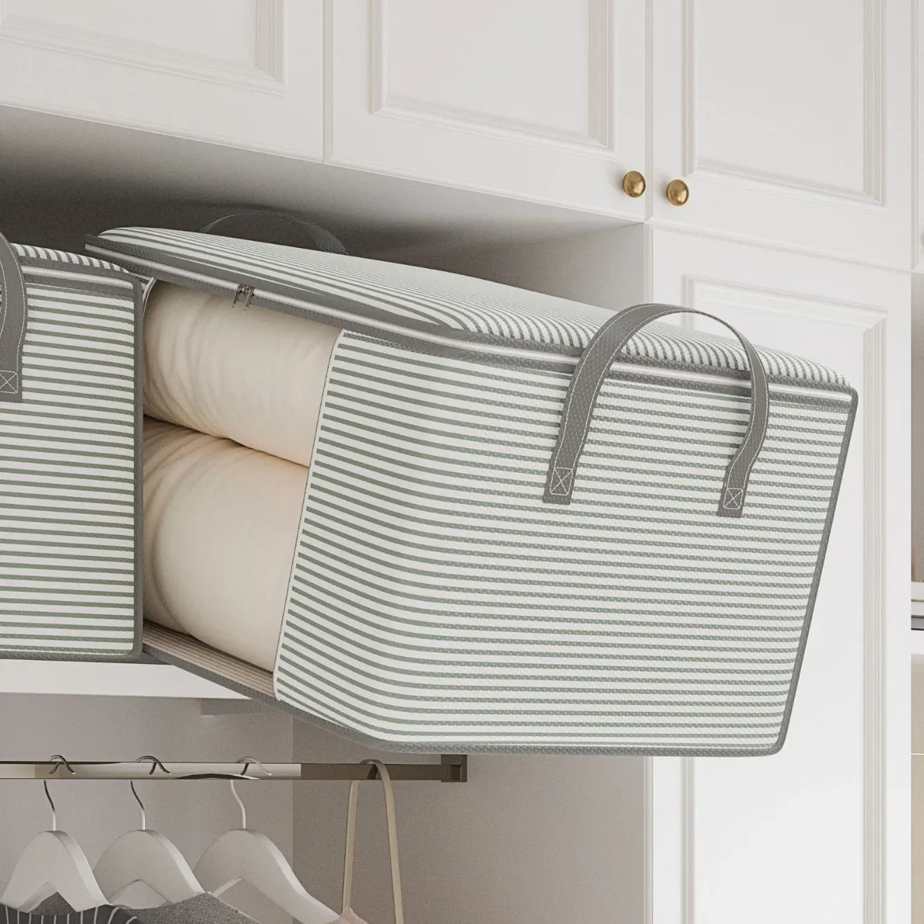 Gray striped storage bag inside a white wardrobe