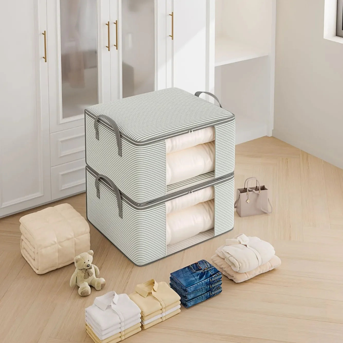 Storage bag with folded clothes on a wooden floor in a room with white wardrobe.