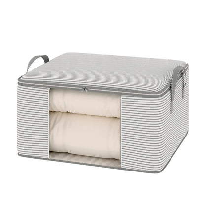 Gray storage cube with a white interior filled with folded clothes on a white background