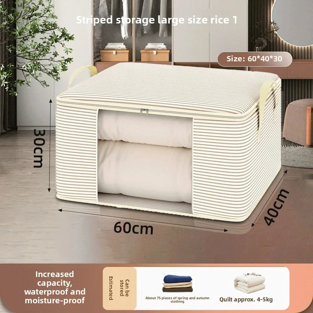 Storage cube with dimensions labeled, showing a stack of clothes inside on a wooden floor.