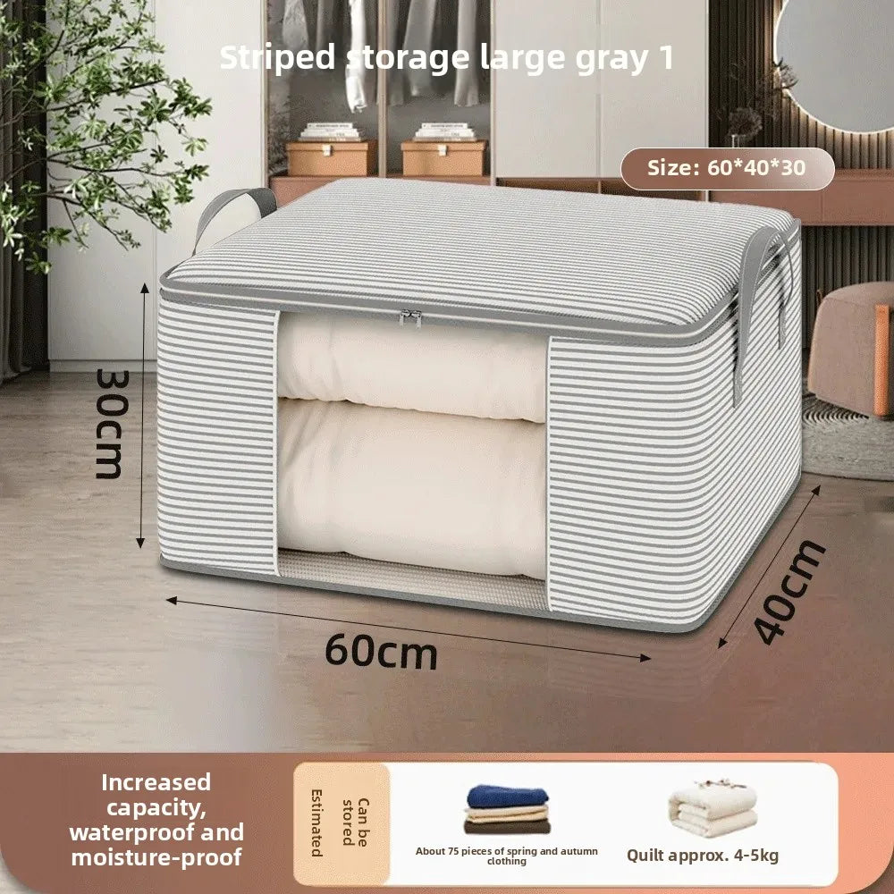 Striped storage box with dimensions and features on a neutral background