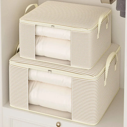Two beige storage baskets with lids stacked on a white surface.