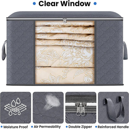 Gray storage bin with clear window showing folded bedding, features highlighted below.