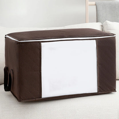 Brown storage ottoman with white interior on a light gray couch