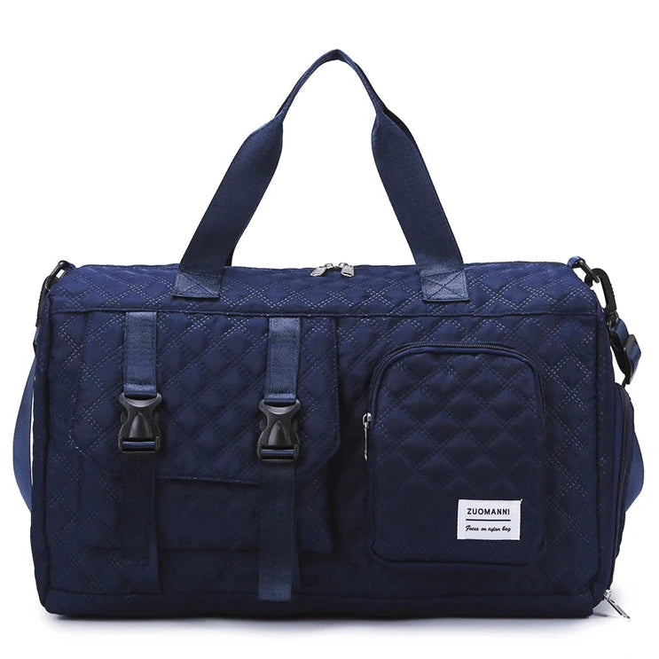 Blue duffel bag with multiple straps and zippers on a white background