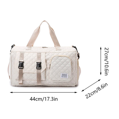 Beige duffel bag with dimensions indicated on a white background