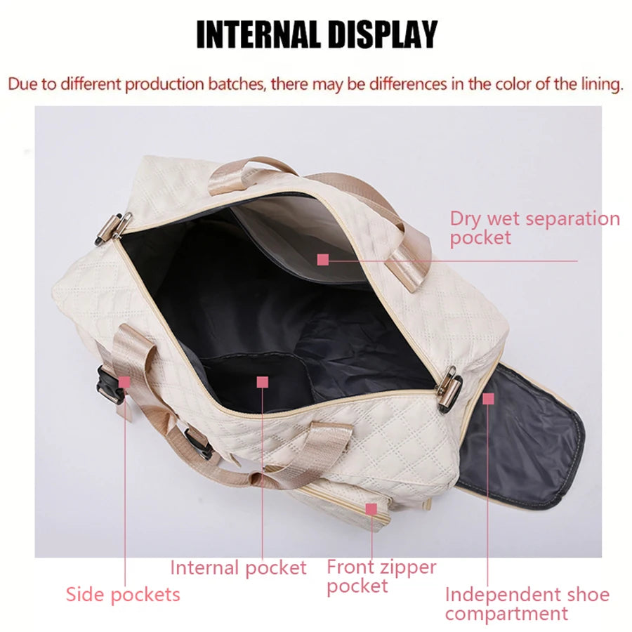 Beige backpack with labeled compartments on a light gray background