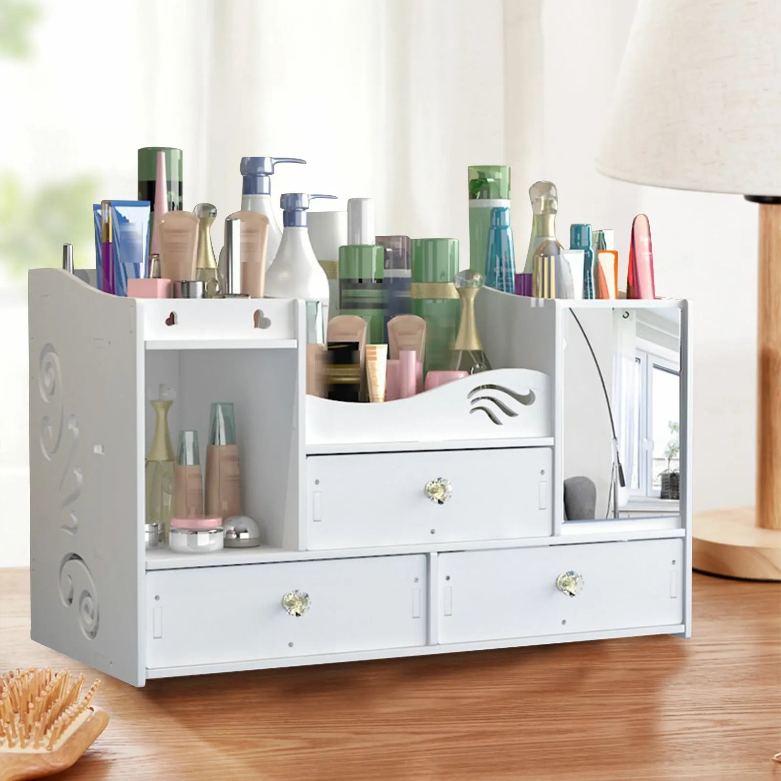 White cosmetic organizer with various products on a wooden surface