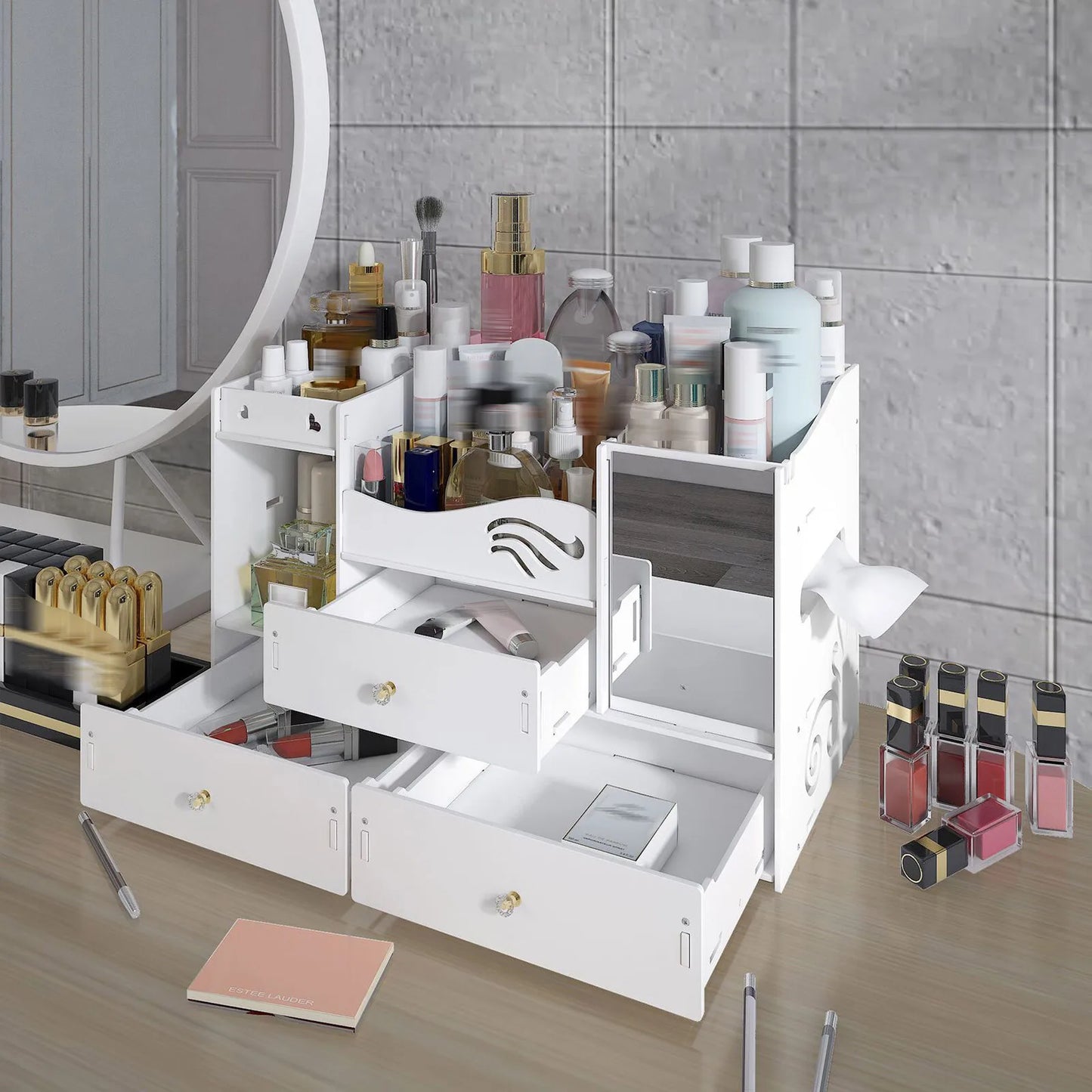 White cosmetic organizer with makeup items on a wooden floor.