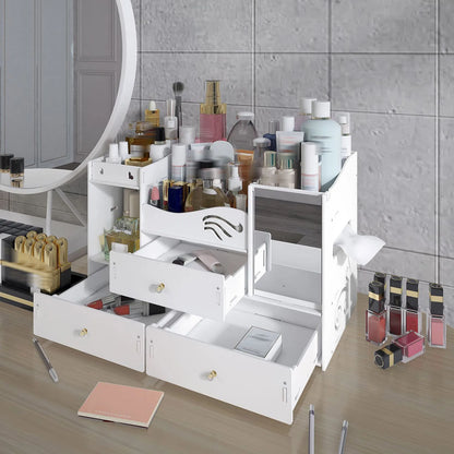 White cosmetic organizer with makeup items on a wooden floor.