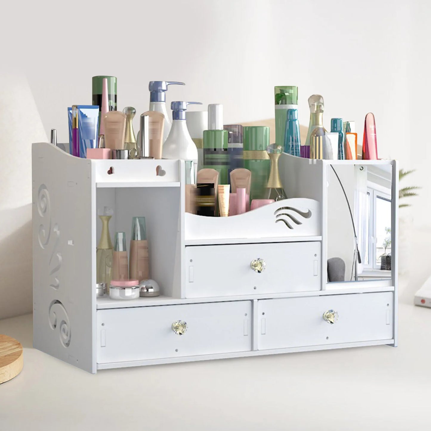 White cosmetic organizer with various products on a white background