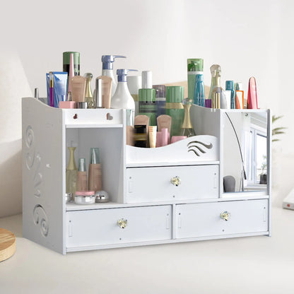 White cosmetic organizer with various products on a white background