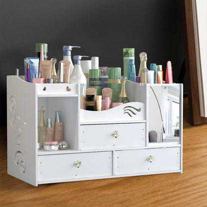White cosmetic organizer with various products on a wooden surface