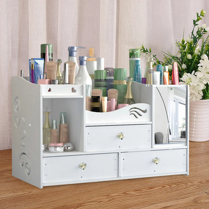 White cosmetic organizer with various products on a wooden surface.