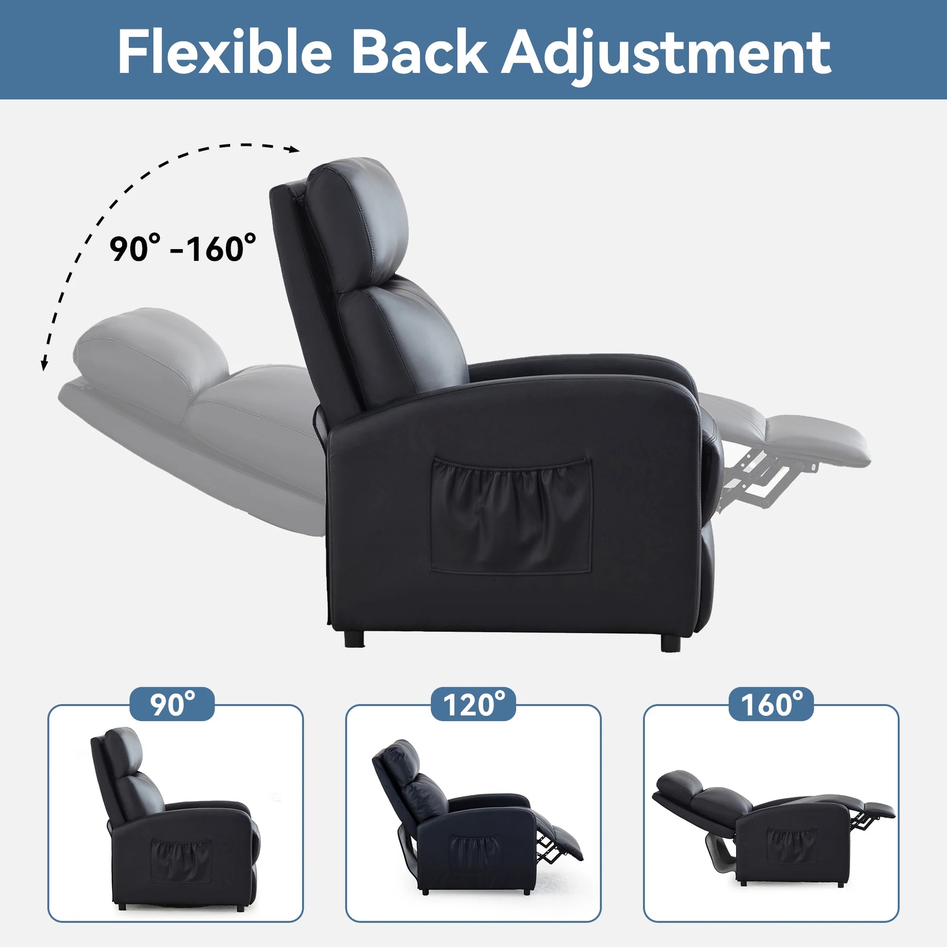 Black recliner chair with flexible back adjustment feature on a white background