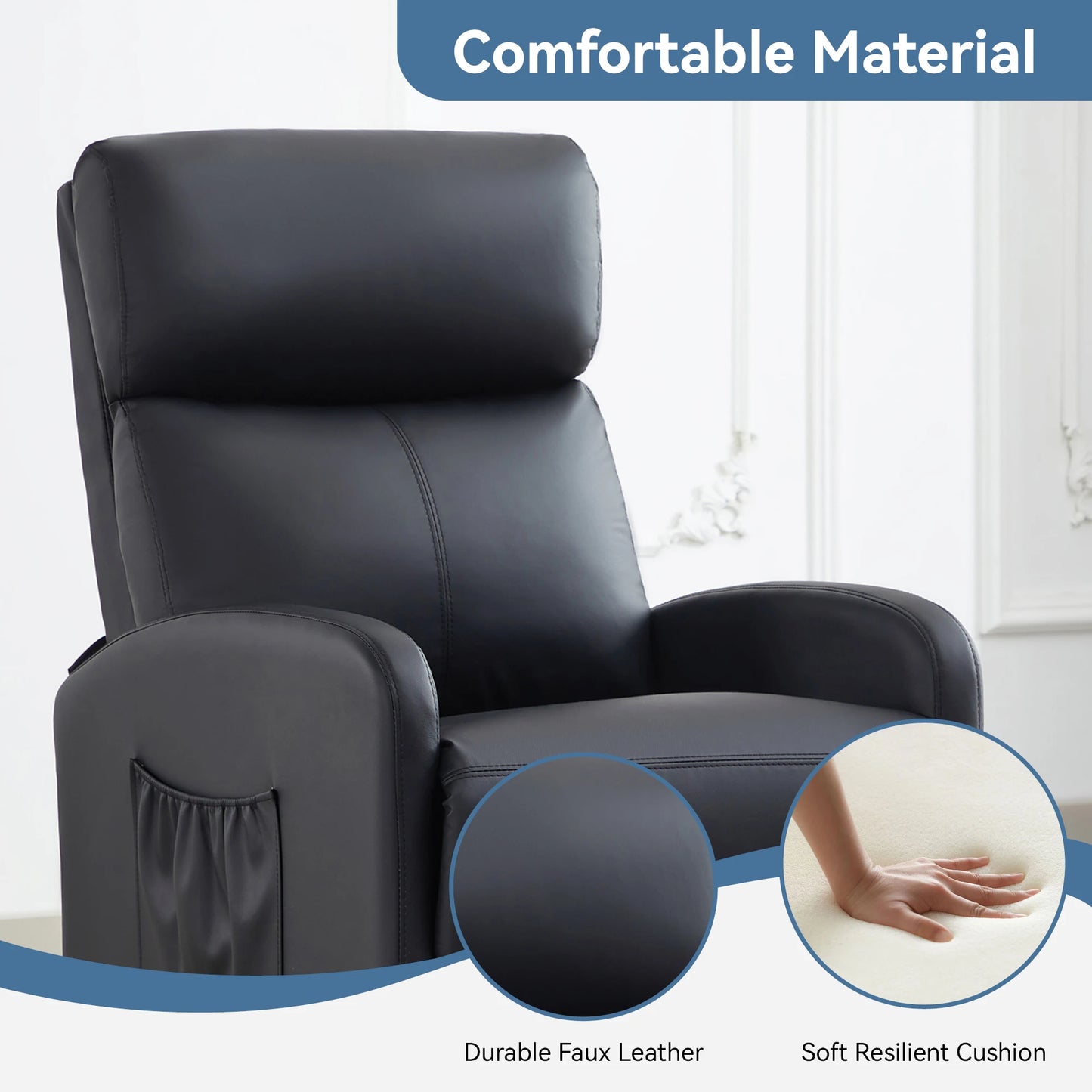 Black recliner chair with durable faux leather and soft resilient cushion, shown in a room setting.