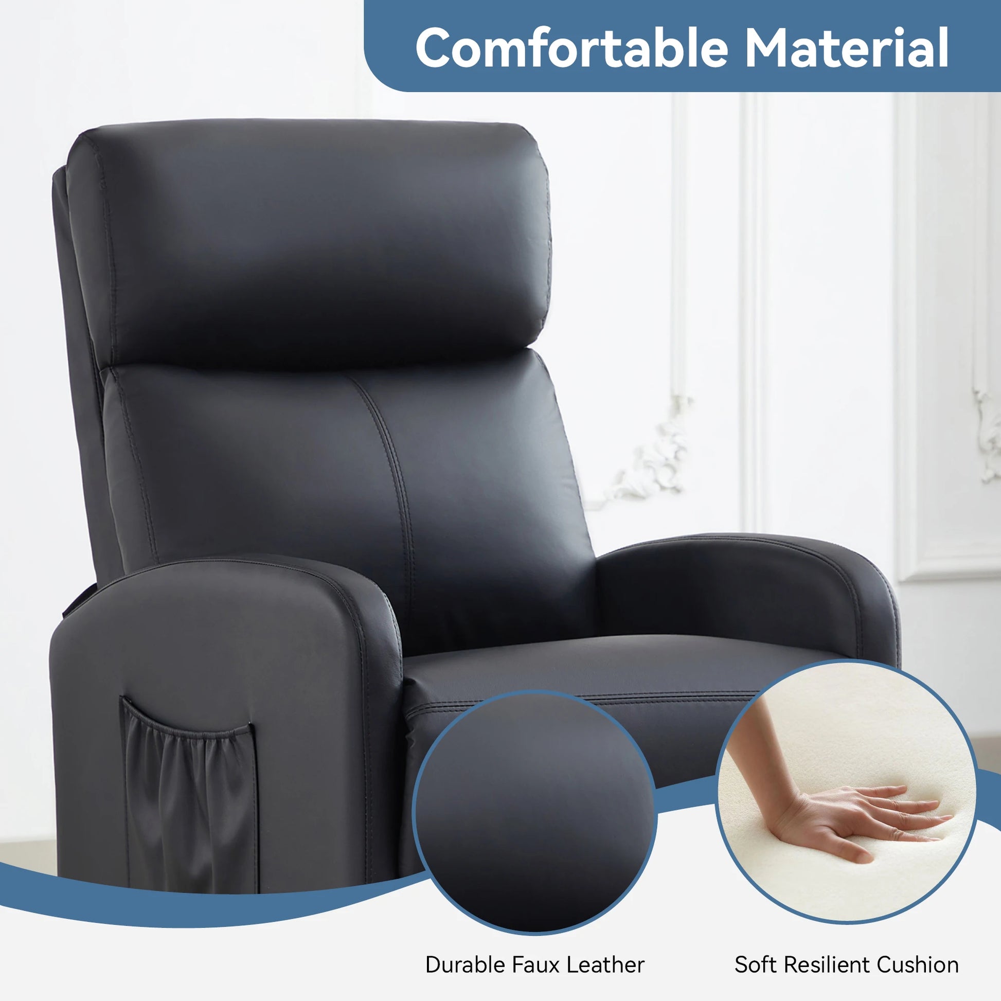 Black recliner chair with durable faux leather and soft resilient cushion, shown in a room setting.