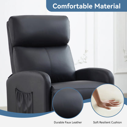 Black recliner chair with durable faux leather and soft resilient cushion, shown in a room setting.