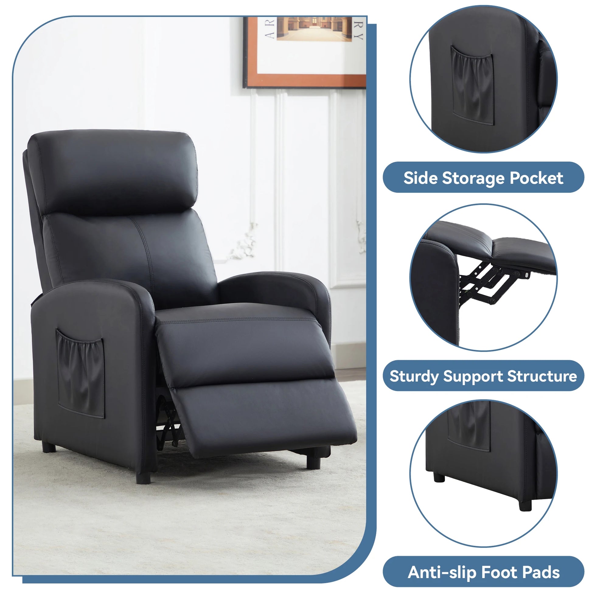 Black recliner chair with side storage pocket, sturdy support structure, and anti-slip foot pads features.