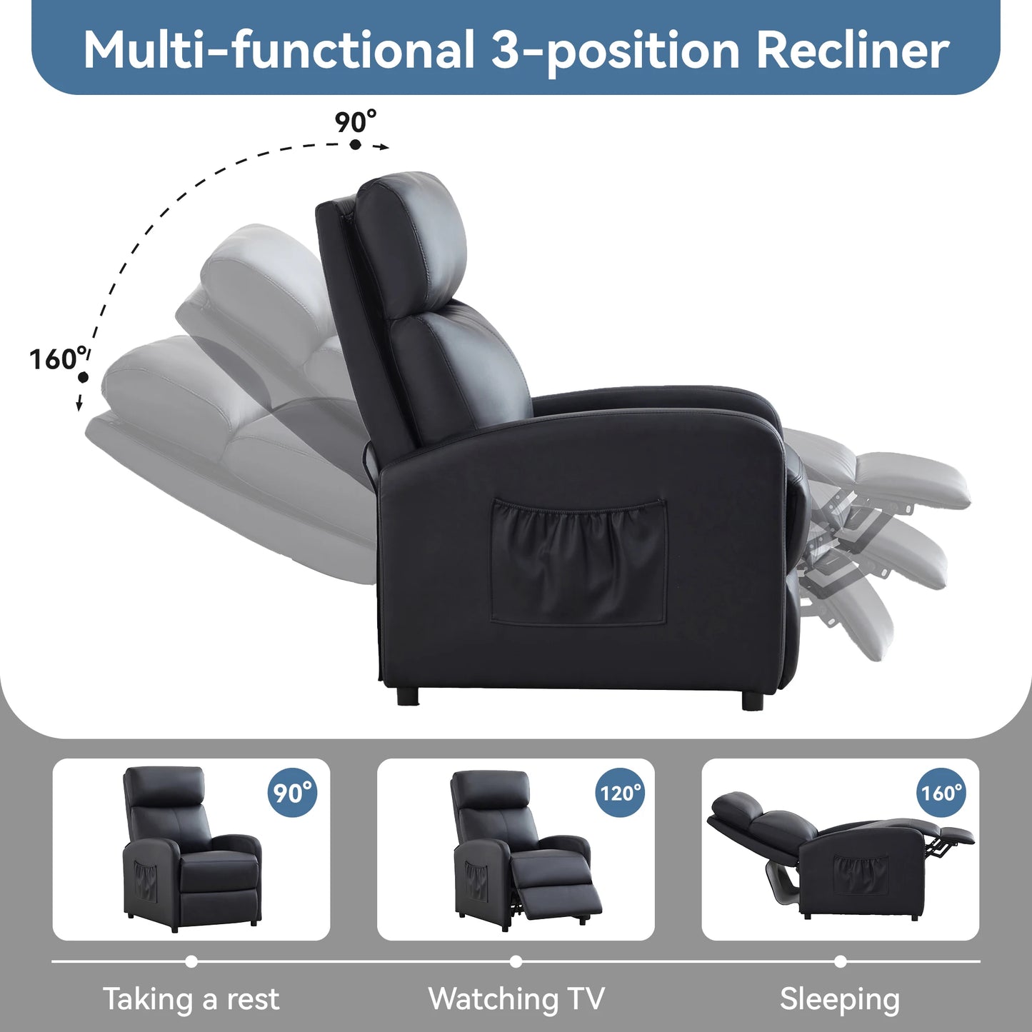 Multi-functional 3-position recliner chair with various angles shown.