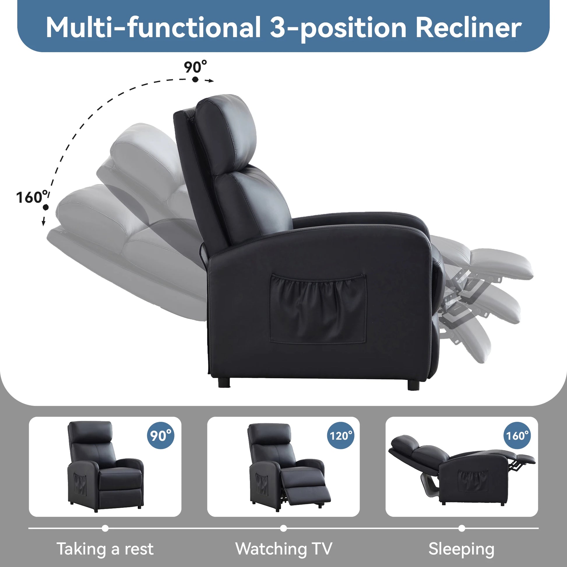 Multi-functional 3-position recliner chair with various angles shown.