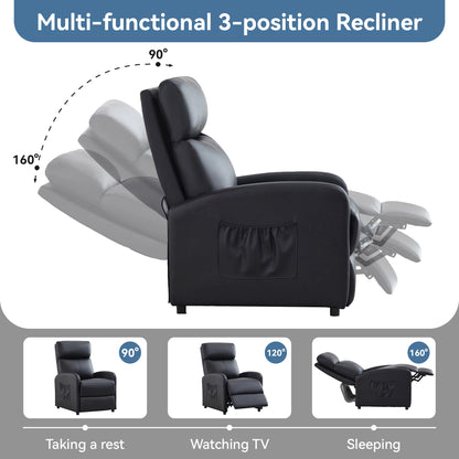 Multi-functional 3-position recliner chair with various angles shown.