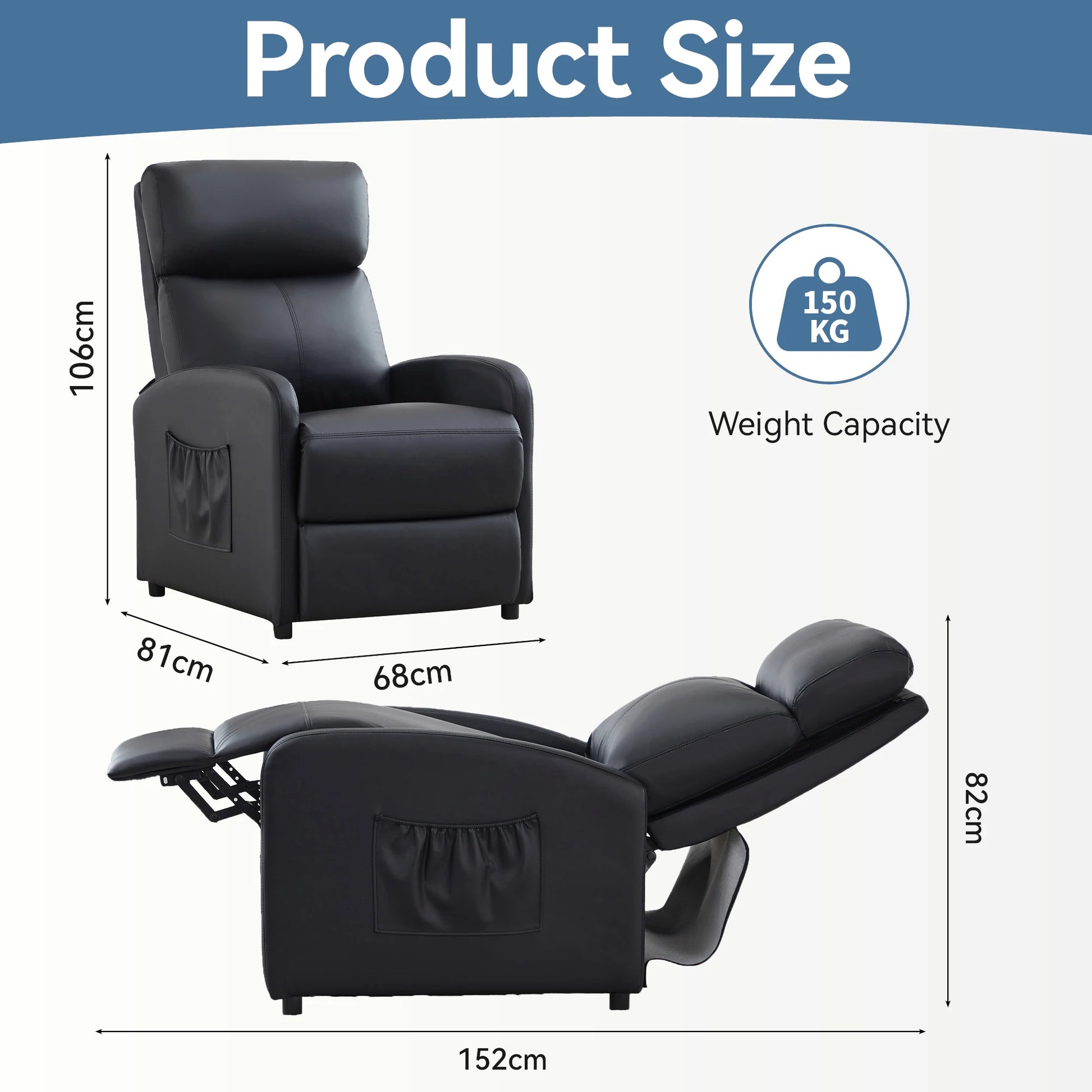 Black recliner chair with dimensions and weight capacity on a white background