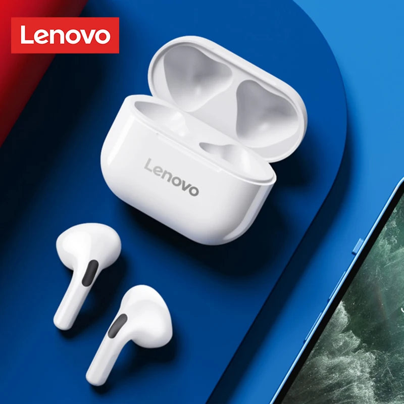 Lenovo wireless earbuds with charging case on a blue background