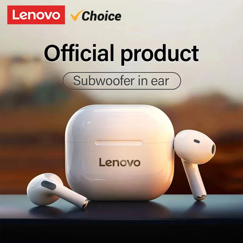 Lenovo wireless earbuds with charging case on a blurred background