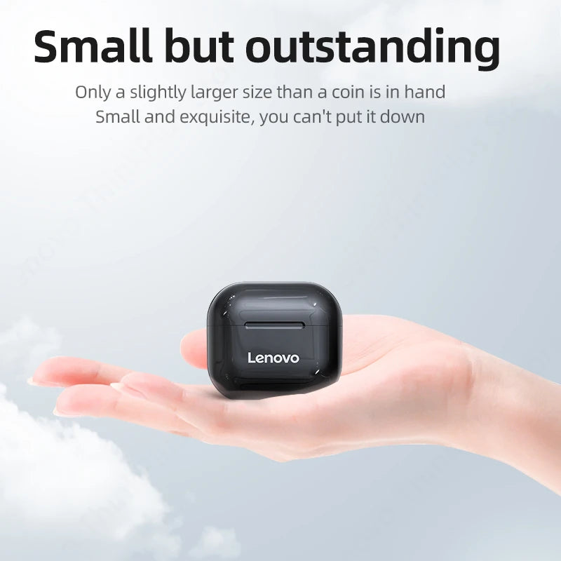 Small black Lenovo device held in a hand with promotional text on a light gray background