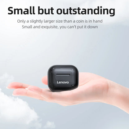 Small black Lenovo device held in a hand with promotional text on a light gray background