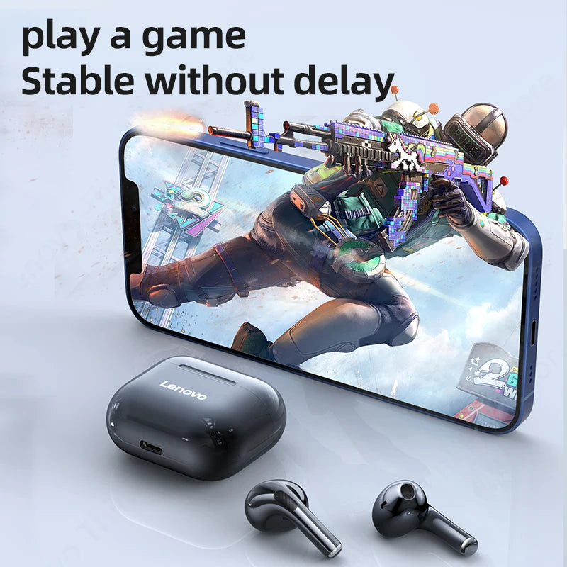 Lenovo wireless earbuds with a smartphone displaying a gaming scene on a light gray background