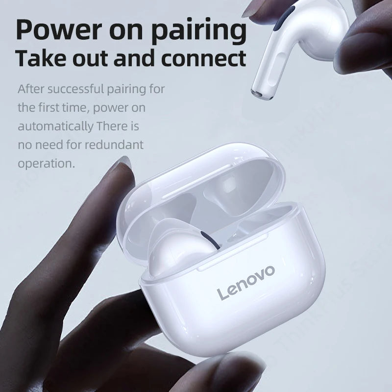 Lenovo wireless earbuds being taken out of a charging case with text on pairing instructions.