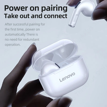 Lenovo wireless earbuds being taken out of a charging case with text on pairing instructions.