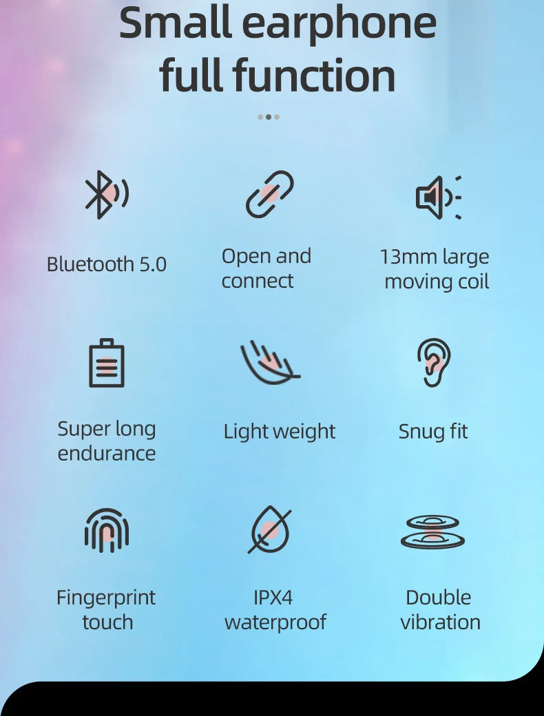 List of features of small earphone on a gradient background