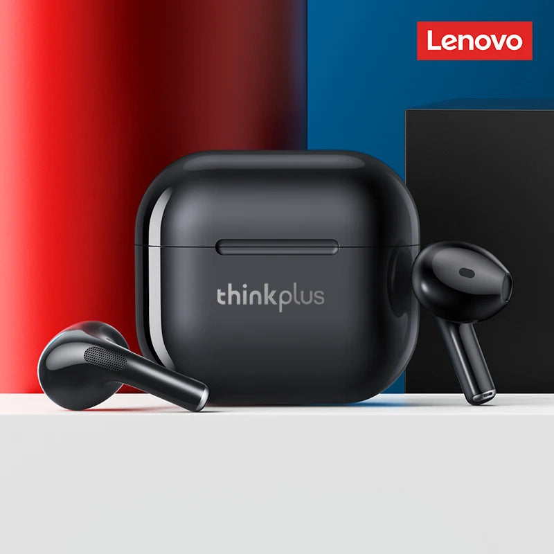 Black wireless earbuds with charging case labeled 'thinkplus' on a colorful background with Lenovo logo.