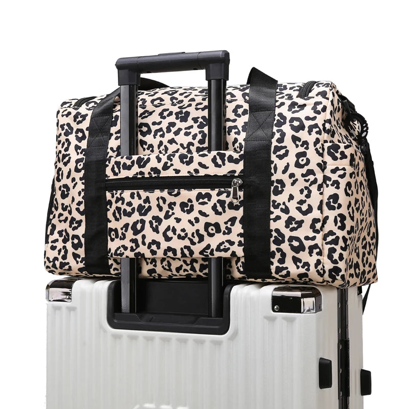 Leopard print duffel bag on a white background