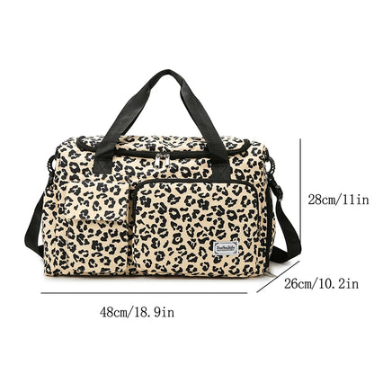 Leopard print duffel bag with measurements on a white background