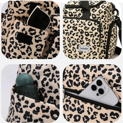 Leopard print bag with various compartments and a visible brand label.