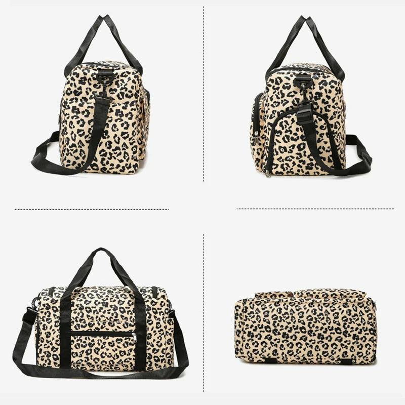 Leopard print bags displayed in a grid on a white background