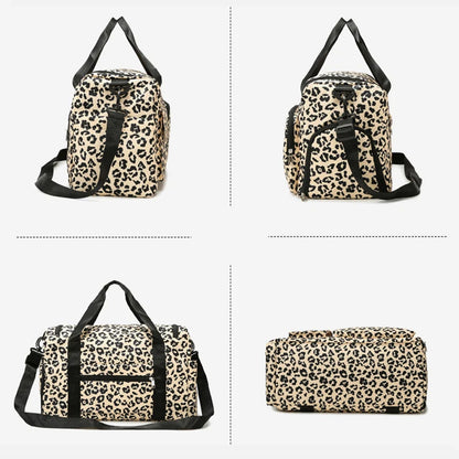 Leopard print bags displayed in a grid on a white background