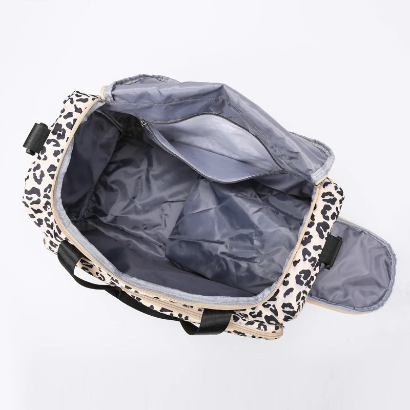 Leopard print bag with open front showing gray interior on a light gray background